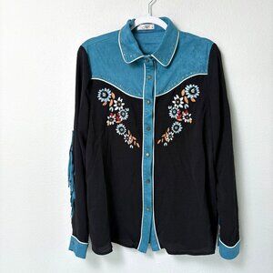 John Moon Fringe Studded Western Shirt Size XL Blue Black Floral Embroidered